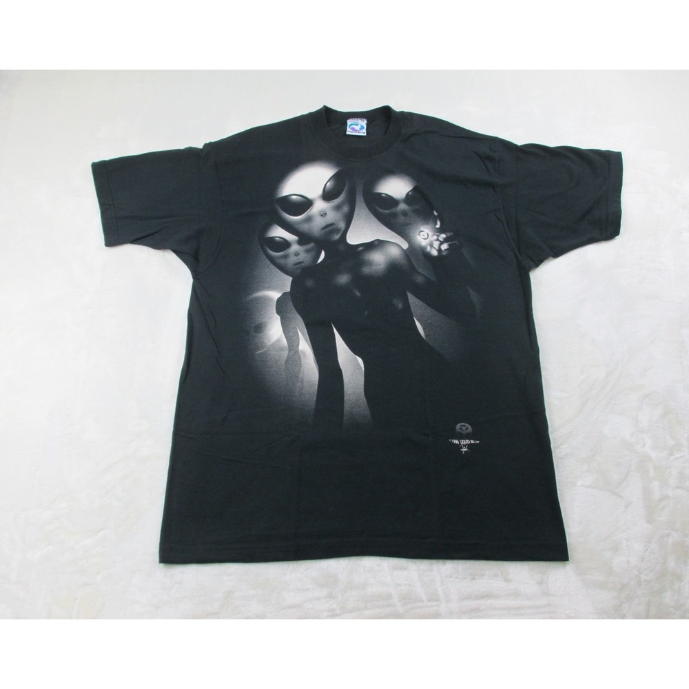 VINTAGE Liquid Blue Shirt Mens Extra‎ Large Black Alien Visitors Cotton 1996*